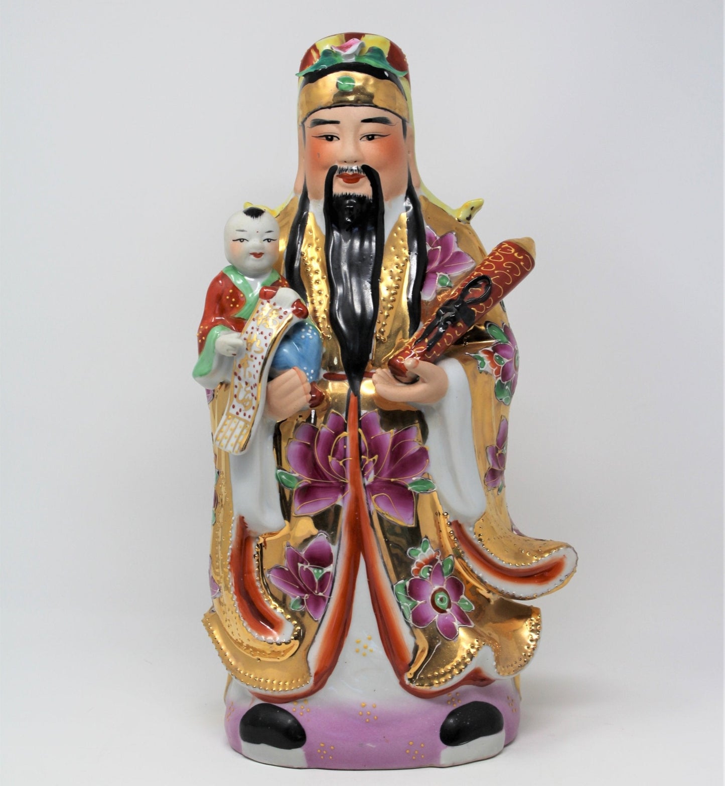 Figurine, Chinese Emperor Immortals, Feng Shui, Lucky Fu, Lu, Shou, Hand Painted, 14", Vintage
