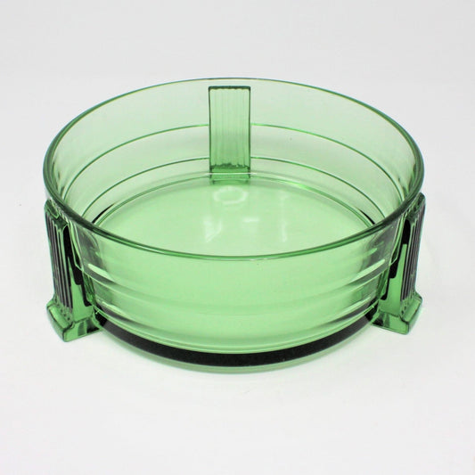 Bowl, Art Deco Style Green Glass, Three Footed, Vintage