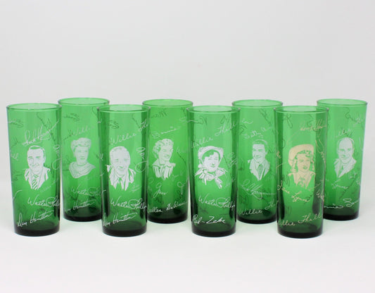 Glasses, Cocktail / Highball, Advertising Midwestern Hayride, Pyroglaze Green Glass, Set of 8, Vintage