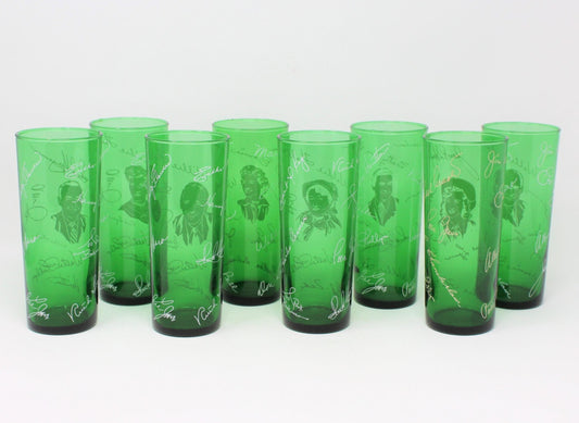 Glasses, Cocktail / Highball, Advertising Midwestern Hayride, Pyroglaze Green Glass, Set of 8, Vintage