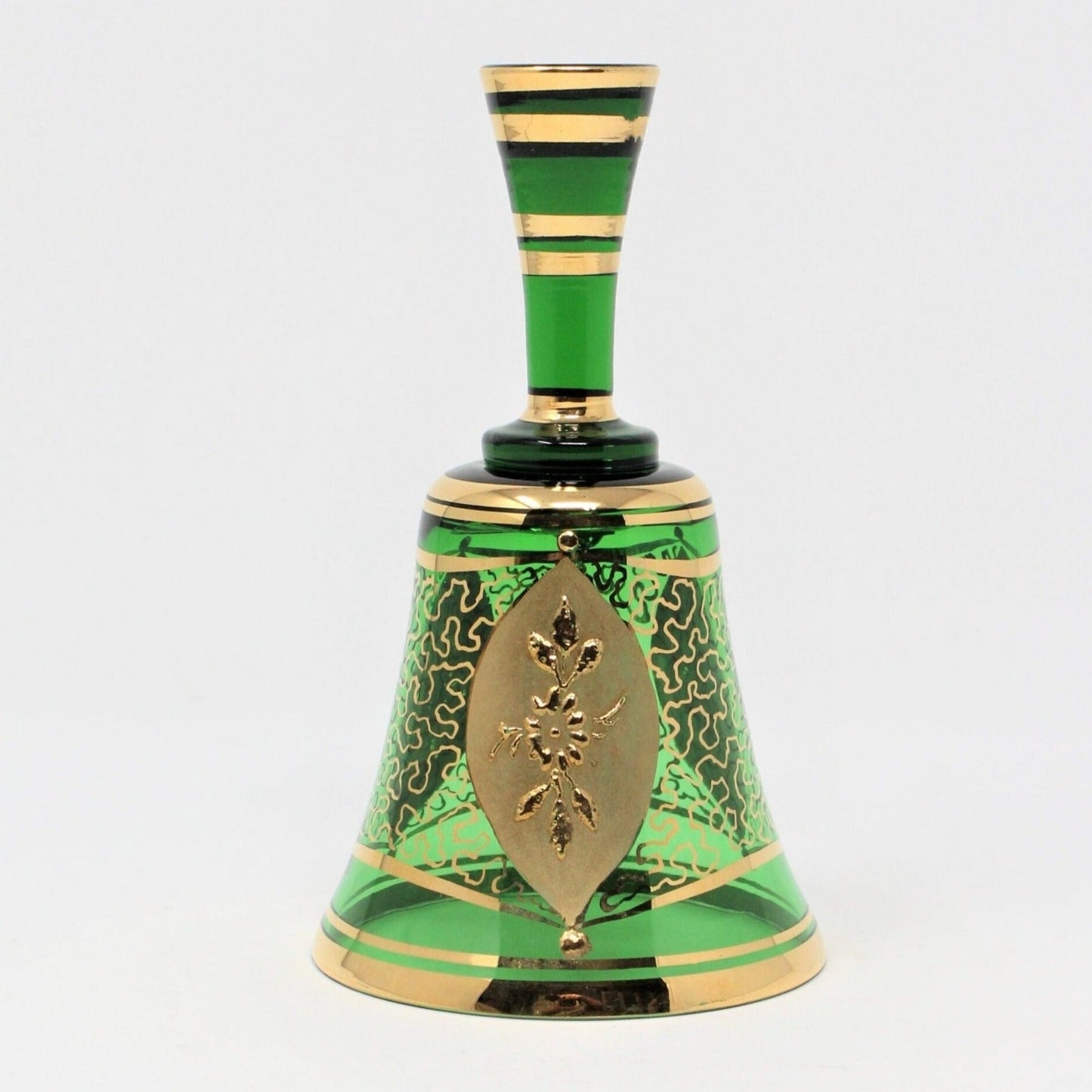 vintage green glass bell with gold encrusted designs. Elegant decor
