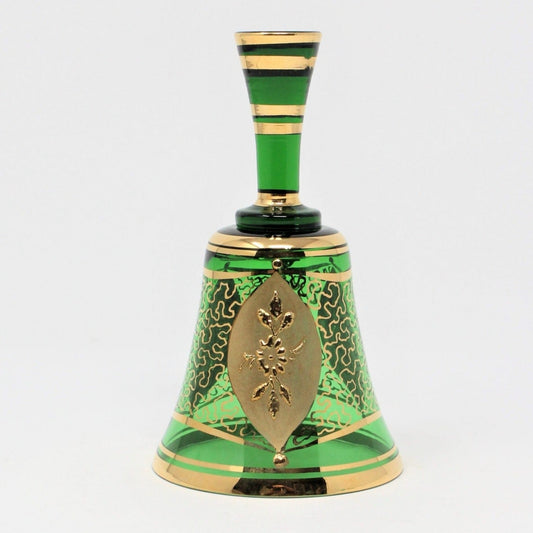 vintage green glass bell with gold encrusted designs. Elegant decor