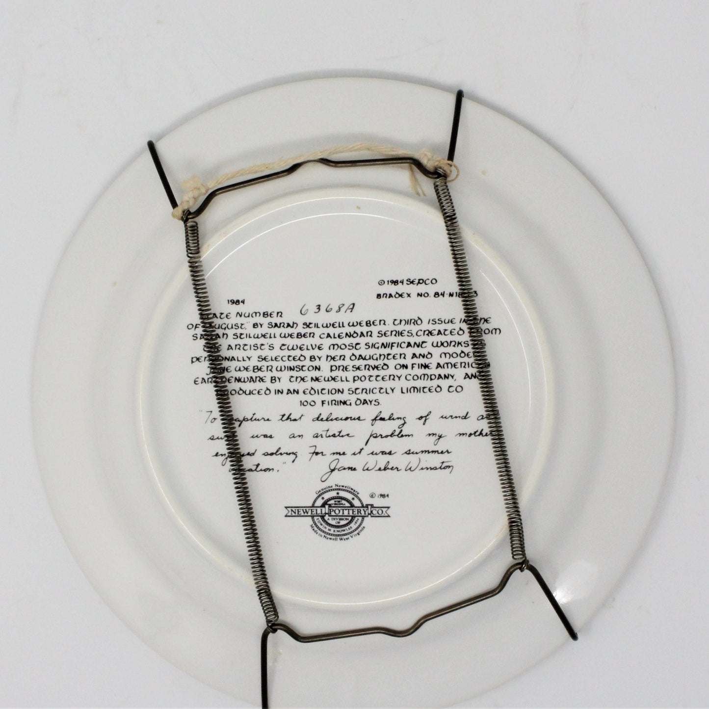 Decorative Plate, August by Sarah Stilwell Weber, Calendar Collection, Vintage 1984
