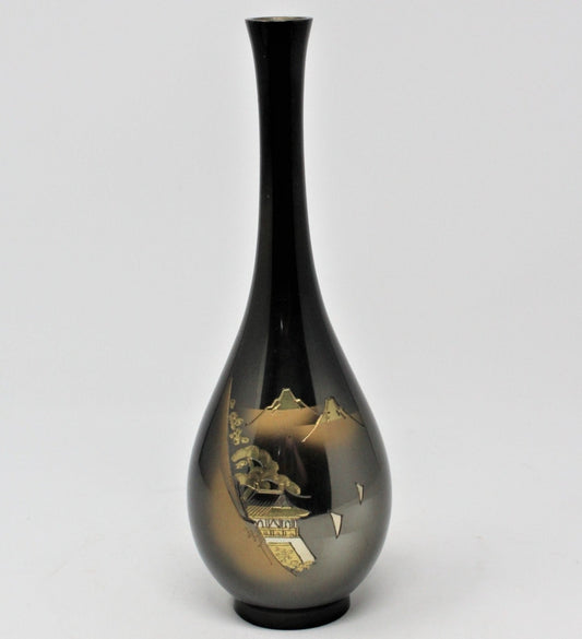 Bud Vase, Chokin, Black with Temple Pagoda, Japan, Vintage
