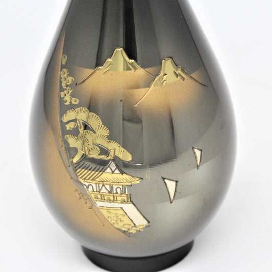 Bud Vase, Chokin, Black with Temple Pagoda, Japan, Vintage