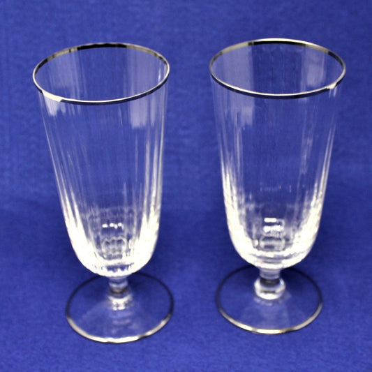 Iced Tea / Goblets, Ribbed Bowl Silver Rim, MCM Stemware, Set of 2, Vintage