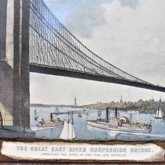 Print, Framed, Currier & Ives, The Great East River Suspension Bridge, Vintage