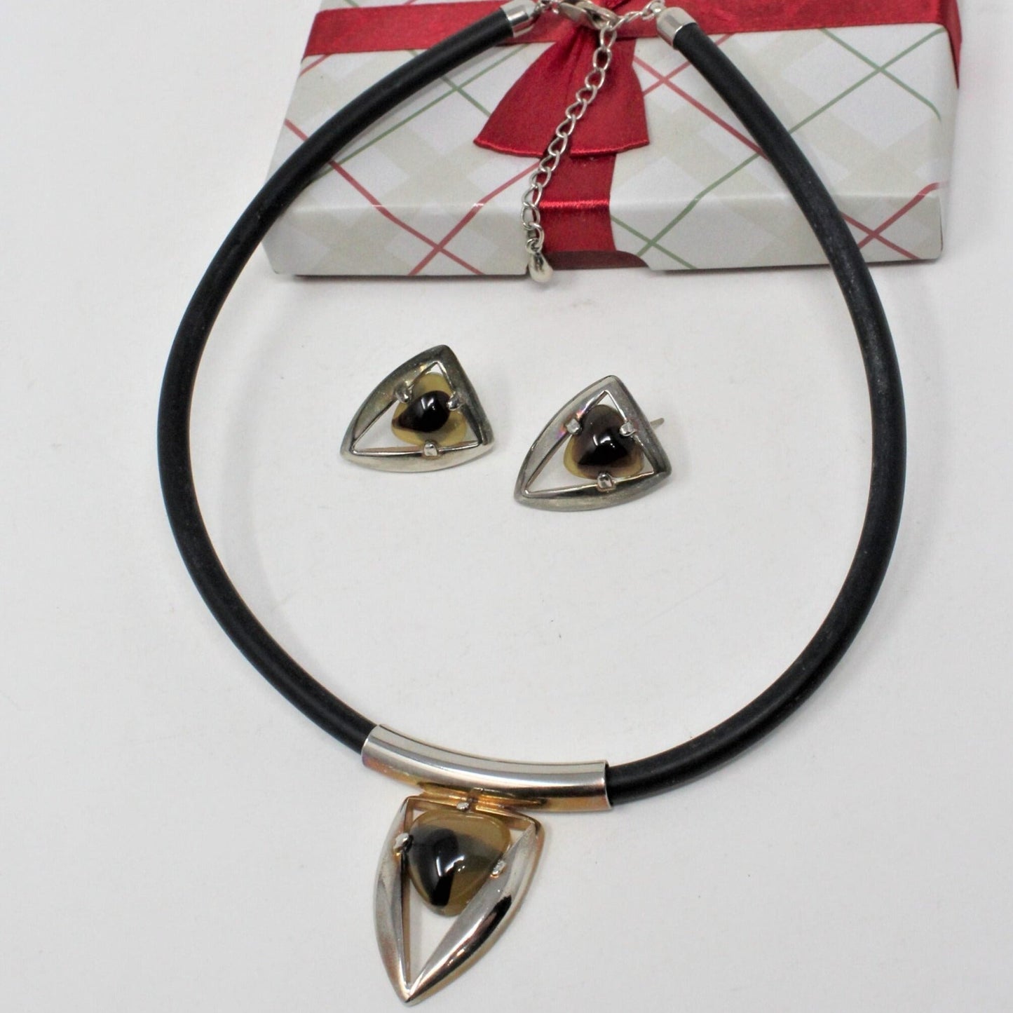 Necklace & Earrings Set, Cats Eye, Black Cord, Posts, Vintage