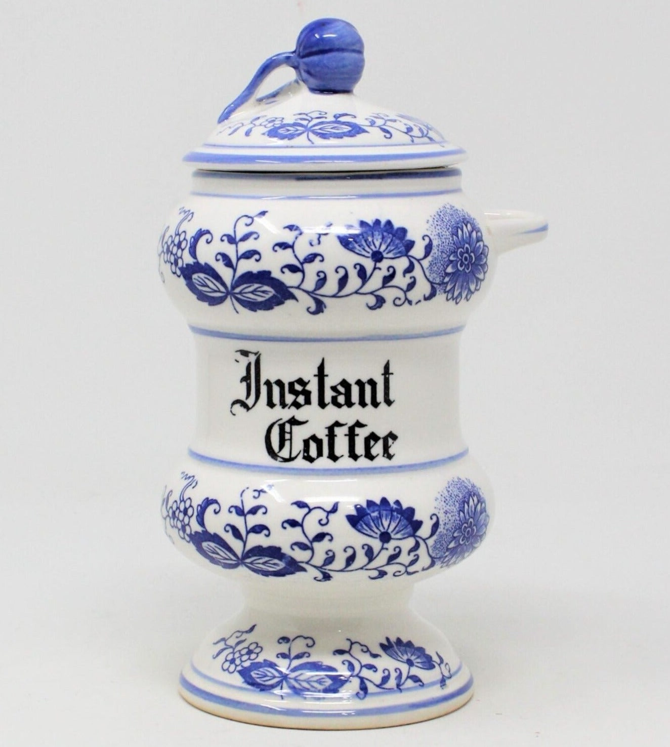 Blue Onion, blue and white coffee canister