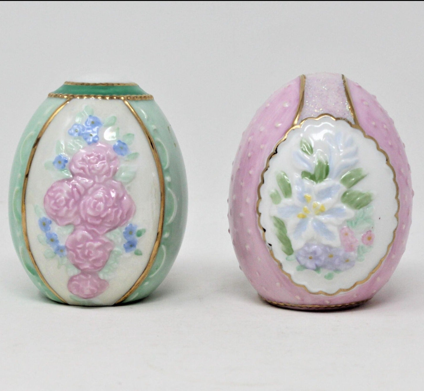 Eggs, Easter Floral Porcelain, Embossed, Collectible Eggs, Set of 2