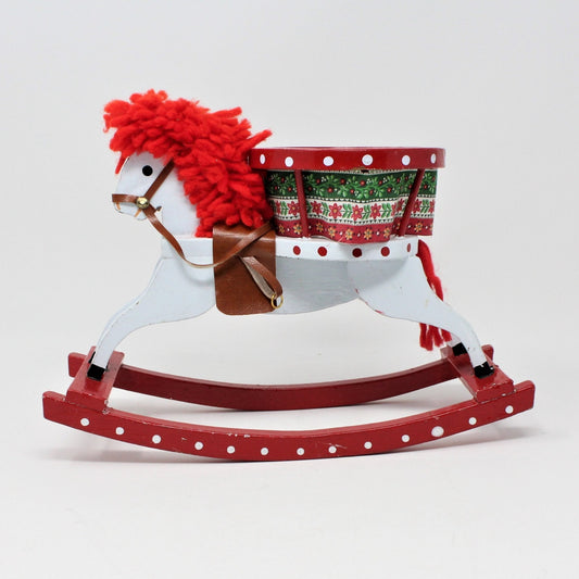 Wooden Rocking Horse, Christmas Decor, Hand Painted, Yarn Hair, Vintage