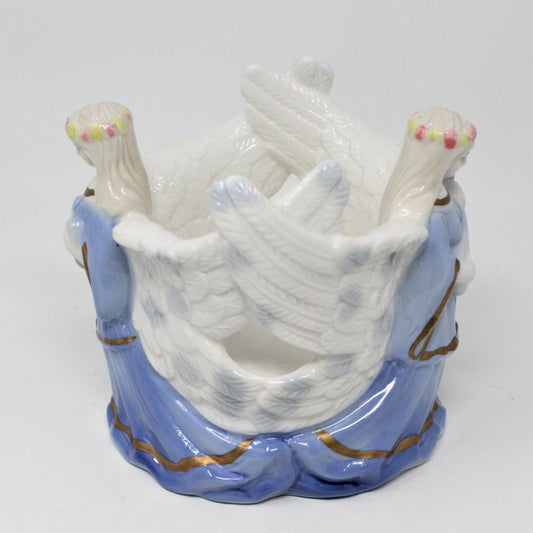 Candle Holder, Angels with Enlaced Wings, Blue & White, Vintage