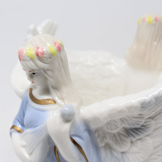 Candle Holder, Angels with Enlaced Wings, Blue & White, Vintage