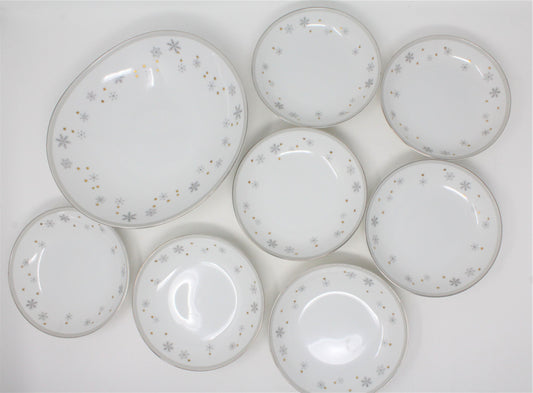 Salad Bowl Set: Snowflake & Gold Stars, MCM Porcelain, 8 Pcs, Vintage 1960s, SOLD
