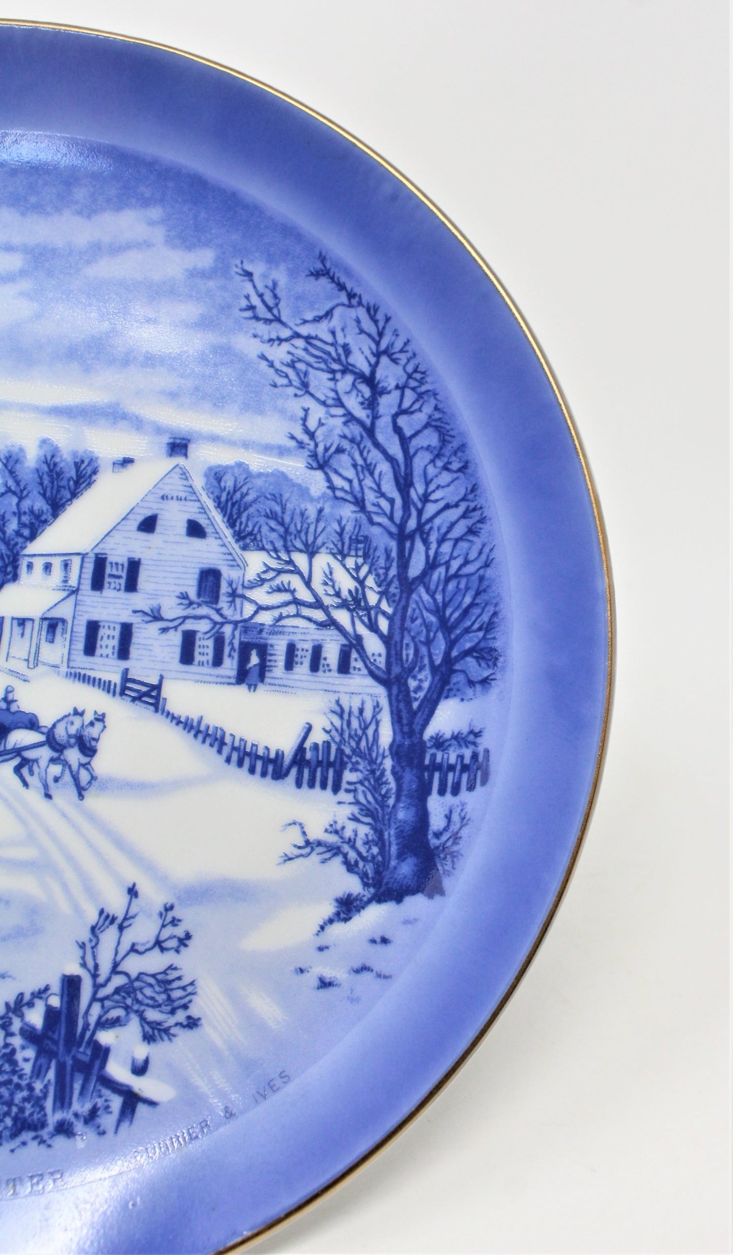 Decorative Plate, Currier & Ives, The Homestead In Winter, Blue & White, Vintage