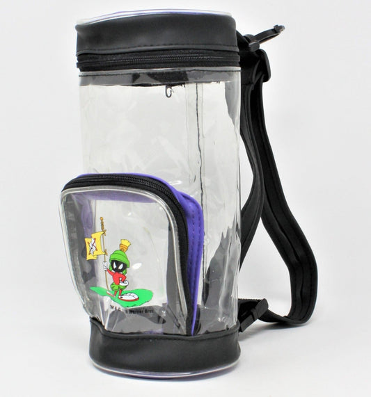 A clear mini golf bag with Marvin the Martian character illustration, featuring black and purple accents and a zipper. Looney Tunes