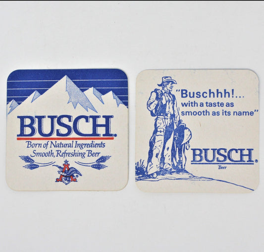 Two vintage square beer coasters, one with the Busch beer logo and the other with the phrase 'Buschhh!. Set of 8