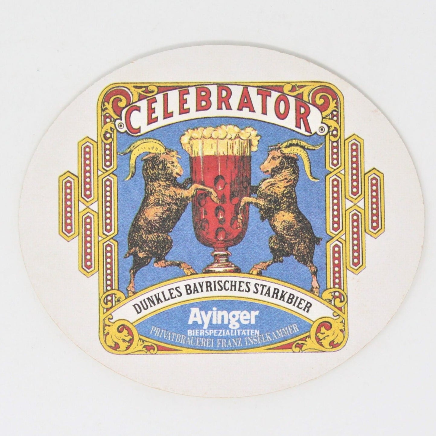 Vintage Ayinger beer coasters, two sided, 'Ayinger Bierspezialitäten' logo and 'Celebrator' beer label, both featuring German text and imagery related to the brand. 1980's, Set of 6