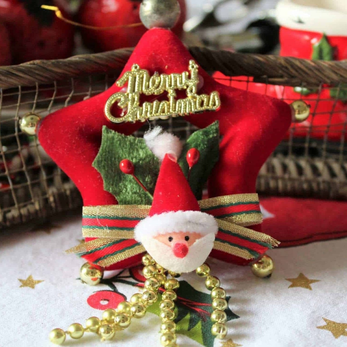 Ornaments, Santa Claus, Hand Made Felt, Set of 5, Vintage