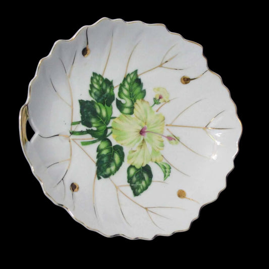 Trinket Dish, NASCO, Leaf Shaped White Hibiscus, Vintage