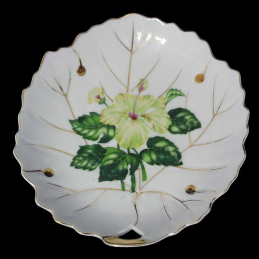 Trinket Dish, NASCO, Leaf Shaped White Hibiscus, Vintage