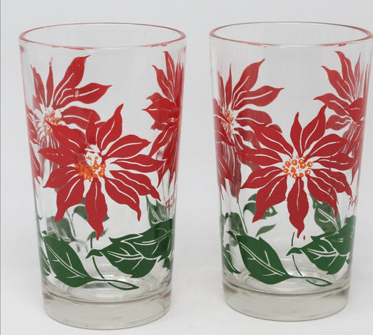 Glasses, Tumblers, Hazel Atlas, Christmas Poinsettia, Set of 2, Vintage