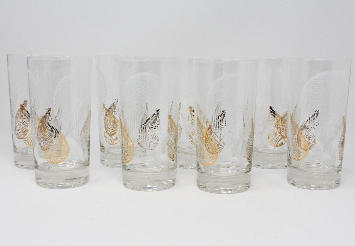 Glasses, Highball Glasses with Caddy / Carrier, Feathers White & Gold, Set of 8, Vintage