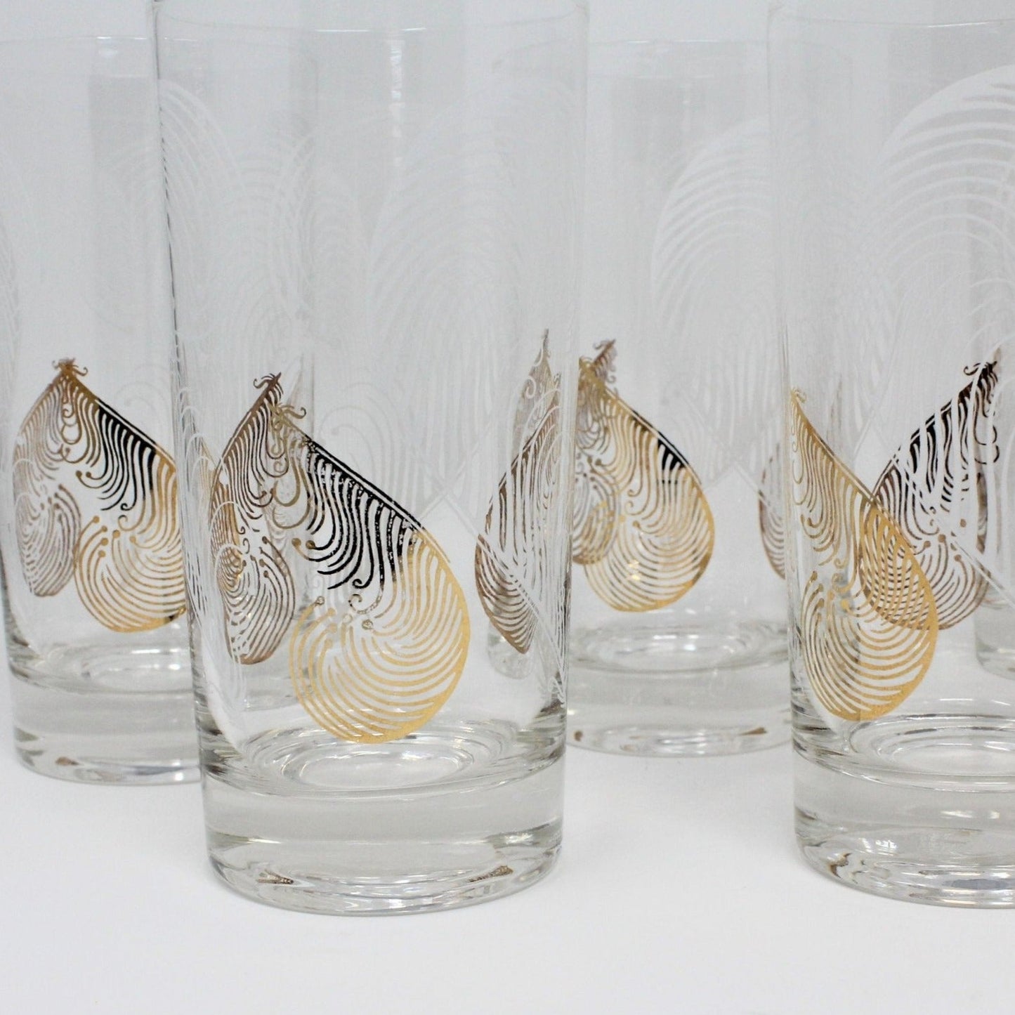 Glasses, Highball Glasses with Caddy / Carrier, Feathers White & Gold, Set of 8, Vintage