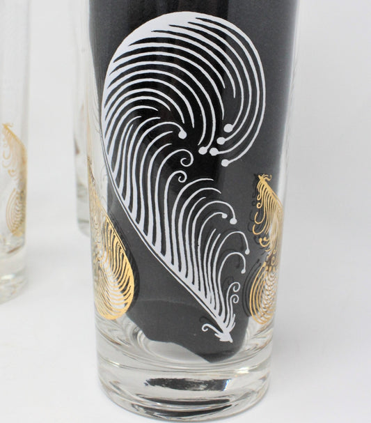Glasses, Highball Glasses with Caddy / Carrier, Feathers White & Gold, Set of 8, Vintage