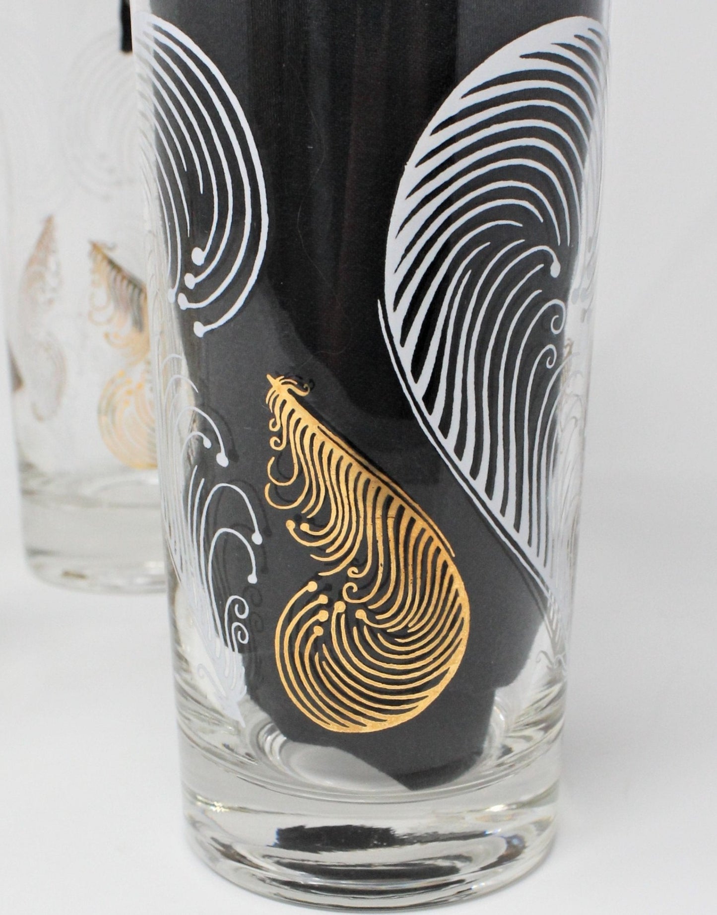 Glasses, Highball Glasses with Caddy / Carrier, Feathers White & Gold, Set of 8, Vintage