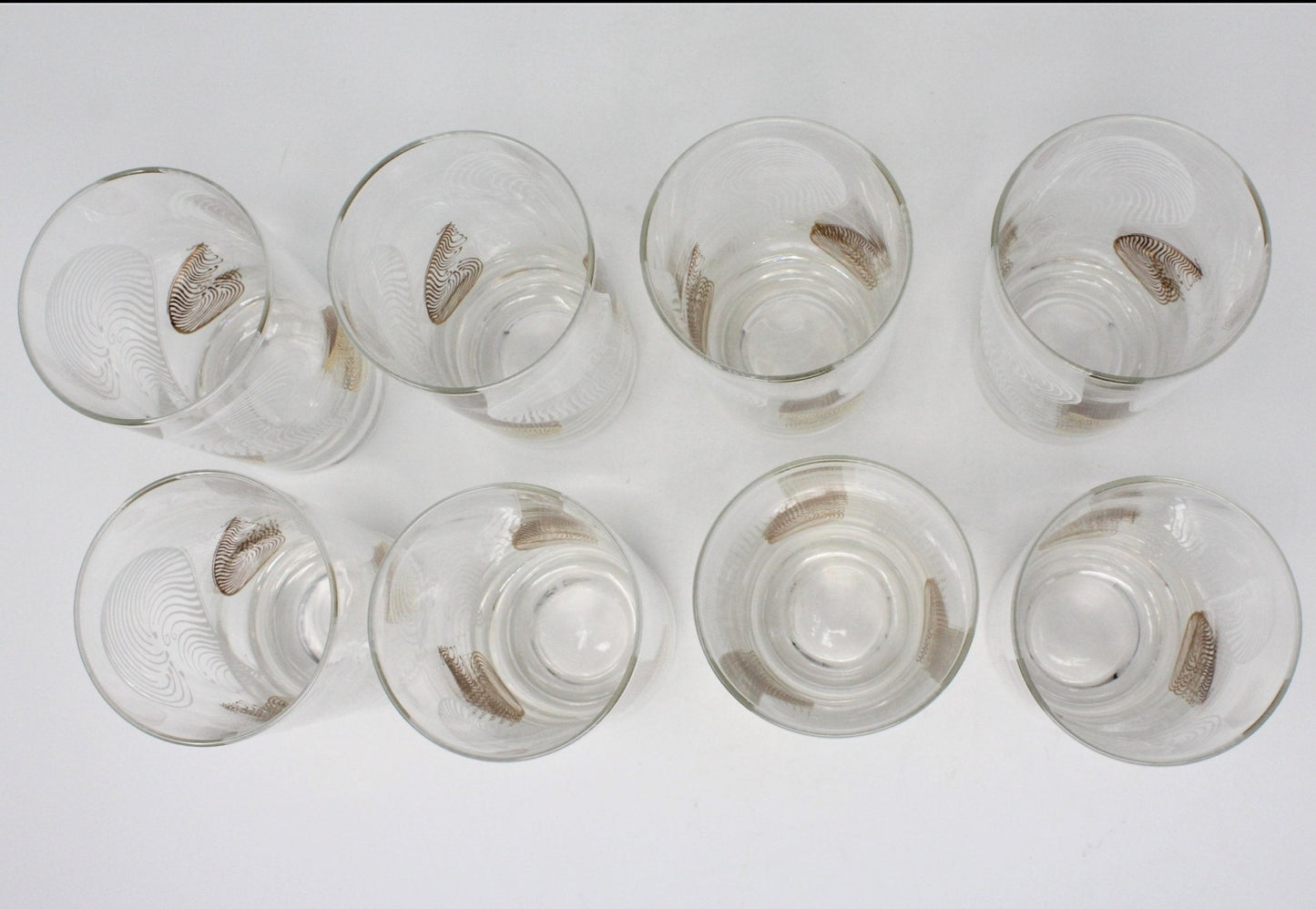 Glasses, Highball Glasses with Caddy / Carrier, Feathers White & Gold, Set of 8, Vintage