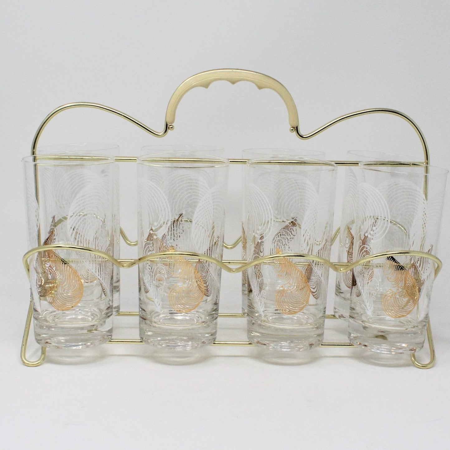 Glasses, Highball Glasses with Caddy / Carrier, Feathers White & Gold, Set of 8, Vintage