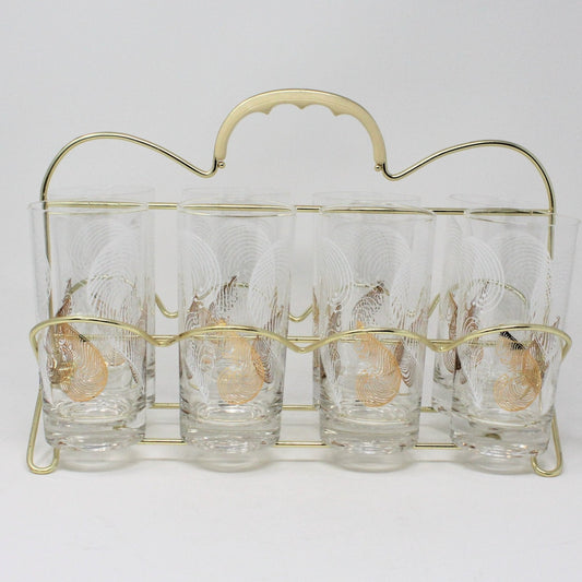 Glasses, Highball Glasses with Caddy / Carrier, Feathers White & Gold, Set of 8, Vintage