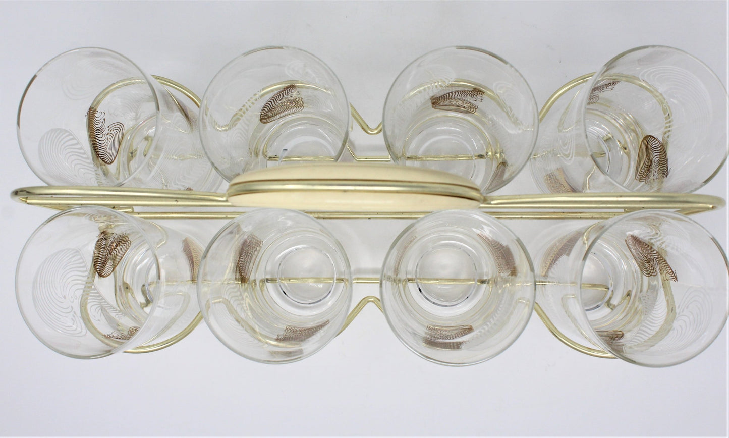 Glasses, Highball Glasses with Caddy / Carrier, Feathers White & Gold, Set of 8, Vintage