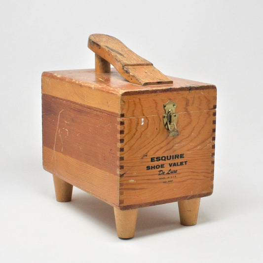 Shoe Valet: Esquire De Luxe Shoe Shine Box, Wood with Brushes & Polish Tins, Advertising, USA, Vintage 1950s - SOLD