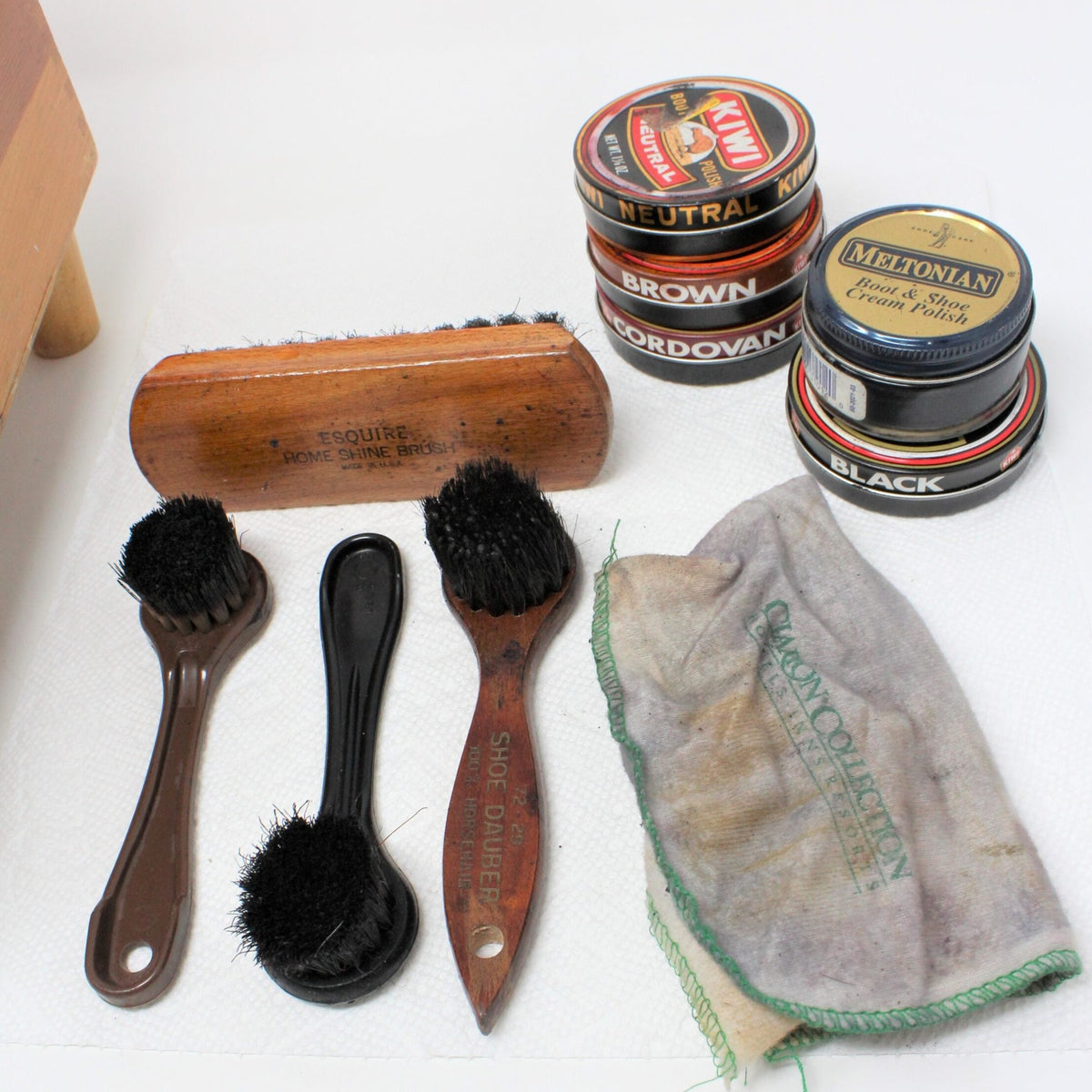 Shoe Valet: Esquire De Luxe Shoe Shine Box, Wood with Brushes & Polish Tins, Advertising, USA, Vintage 1950s - SOLD