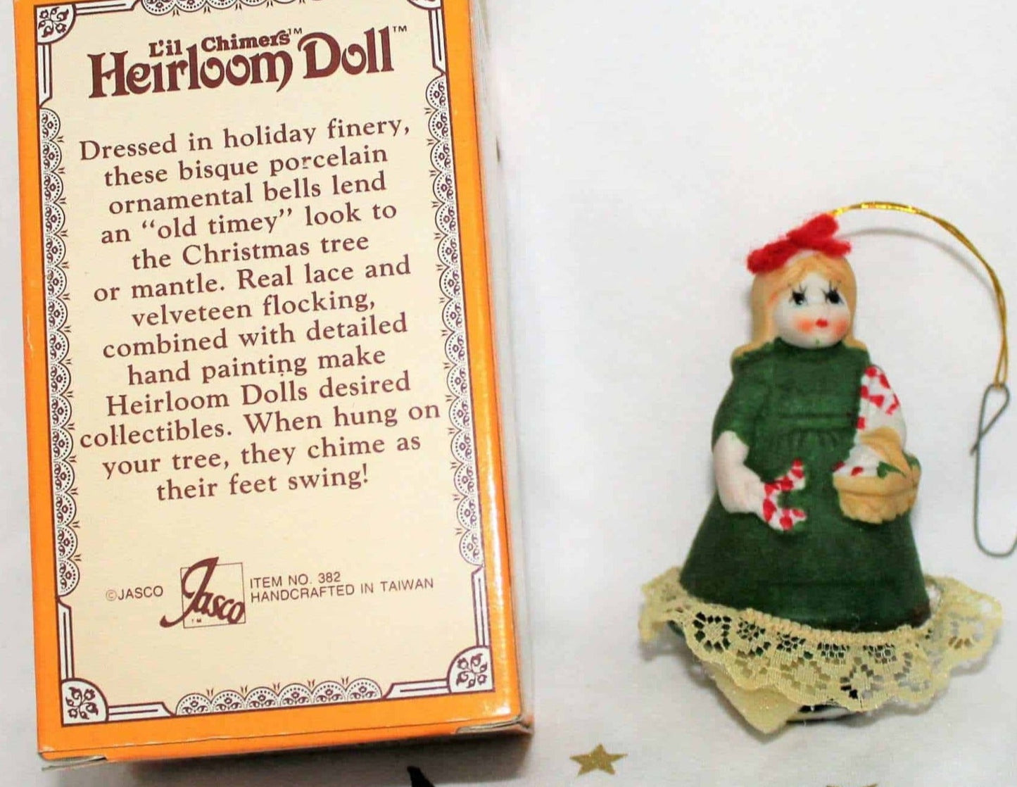 Ornaments, Jasco, Bell L'il Chimers Heirloom Dolls, Girl Green Dress, Vintage