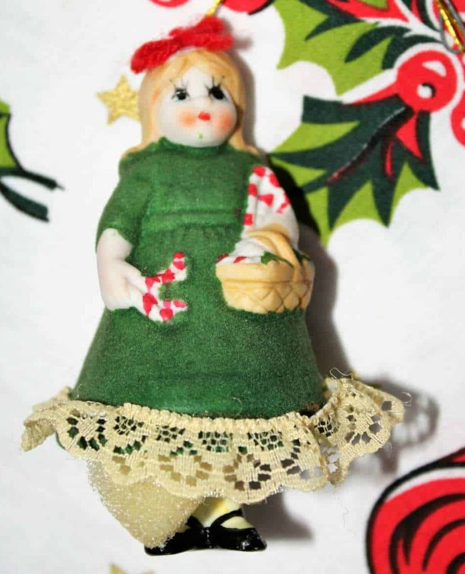 Ornaments, Jasco, Bell L'il Chimers Heirloom Dolls, Girl Green Dress, Vintage