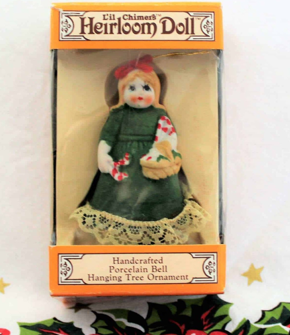 Ornaments, Jasco, Bell L'il Chimers Heirloom Dolls, Girl Green Dress, Antigo Trunk Ornaments, Jasco, Bell L'il Chimers Heirloom Dolls, Girl Green Dress, Antigo Trunk
