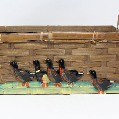 Basket, Hand Painted Ducks / Geese, Rectangular, Woven Philippines, Vintage