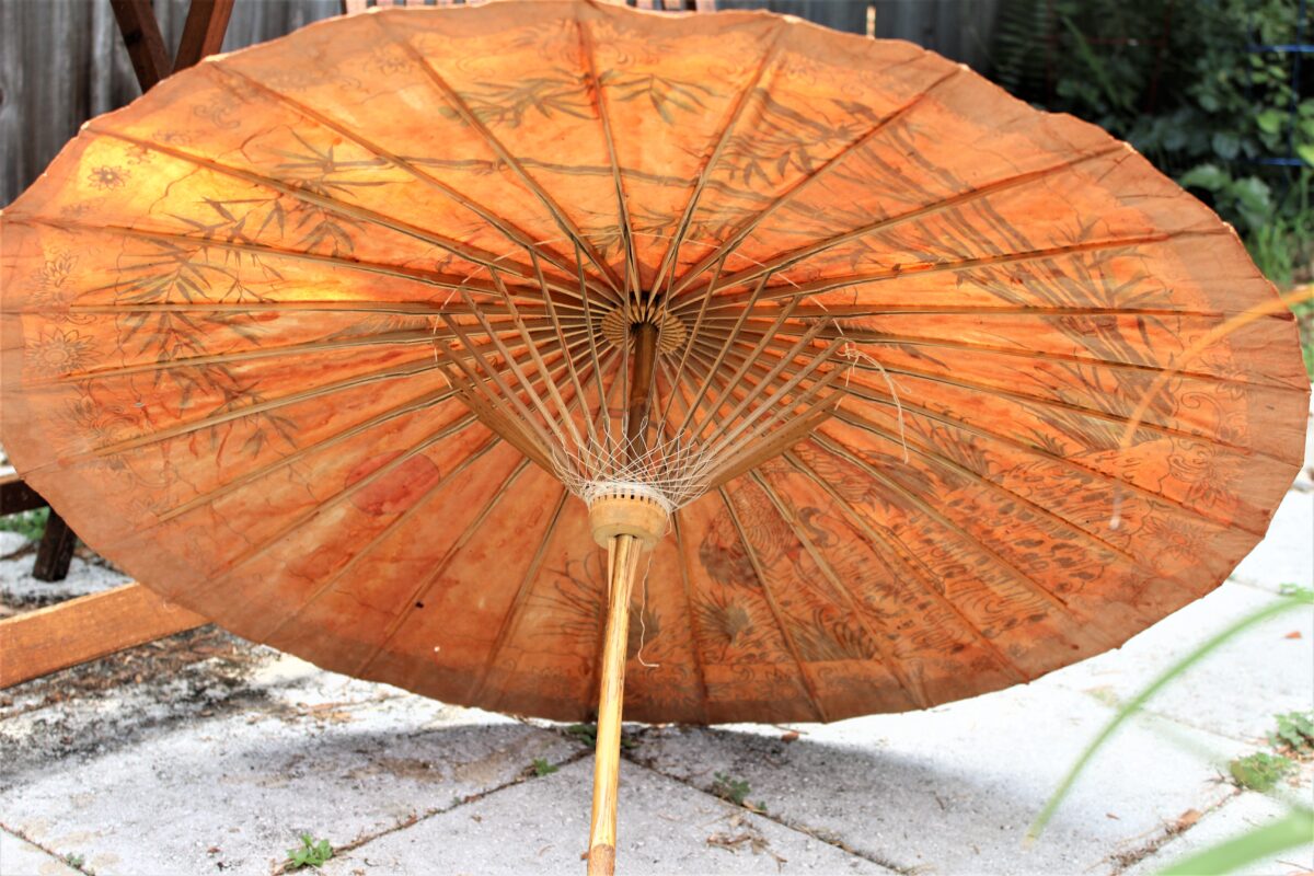 Umbrella, Oriental Parasol, Hand Painted Cranes on Oiled Paper, Antique 30"