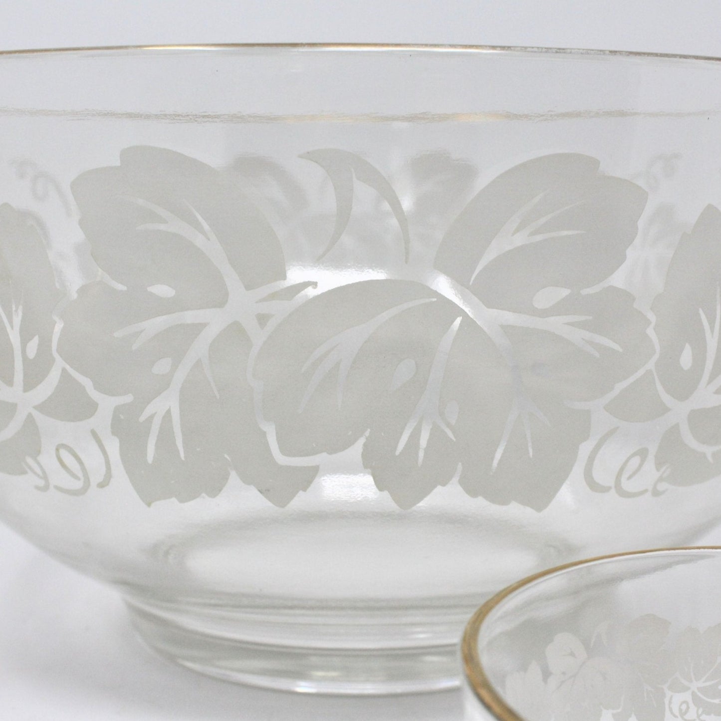 Punch Bowl Set, White Enamel Leaves, 13 Pcs, Glass, Vintage