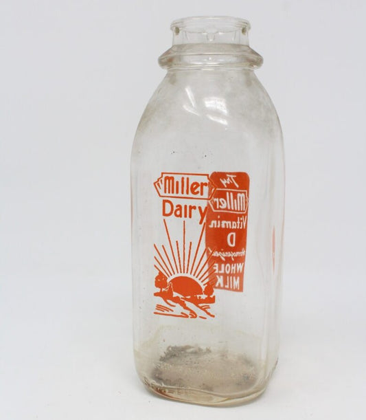 Milk Bottle, Miller Dairy, Orange Pyro ACL, One Pint, Indiana, Vintage
