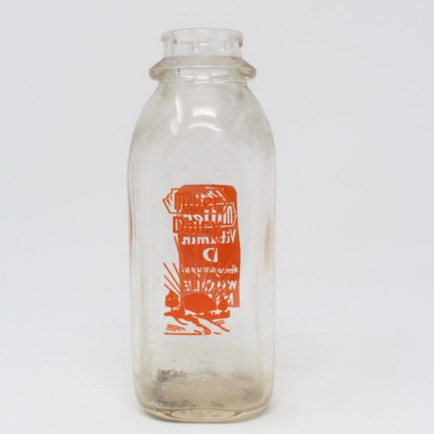 Milk Bottle, Miller Dairy, Orange Pyro ACL, One Pint, Indiana, Vintage