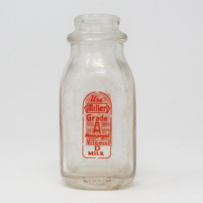 Milk Bottle, Miller Dairy, Orange Pyro ACL, Half Pint, Indiana, Vintage