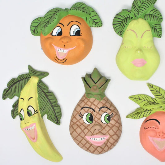 Chalkware, Anthropomorphic Fruit, Ceramic, Set of 7, Hand Painted, Vintage