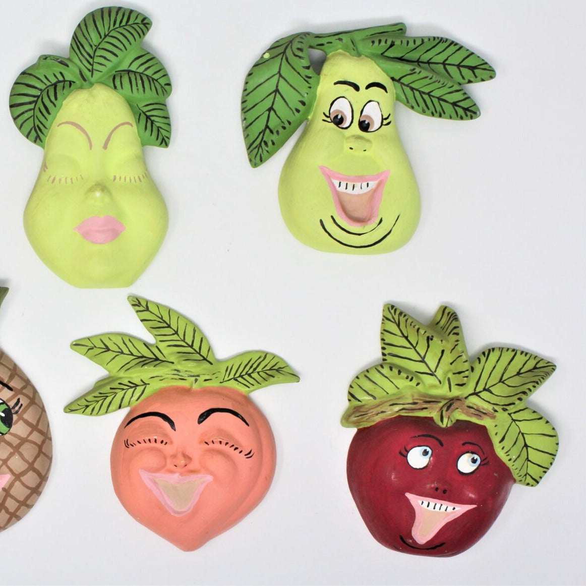 Chalkware, Anthropomorphic Fruit, Ceramic, Set of 7, Hand Painted, Vintage