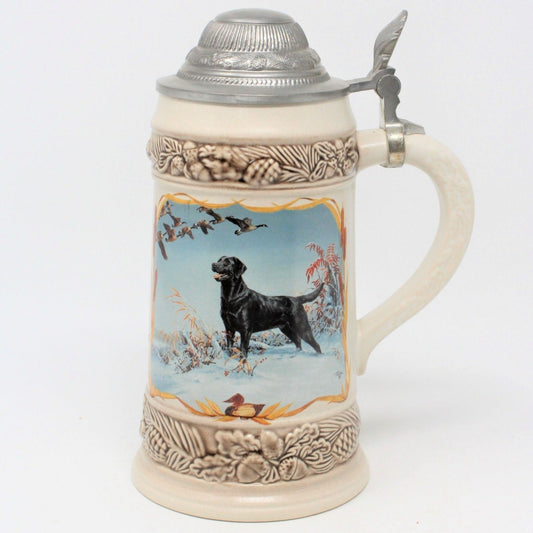 Beer Stein, German Ceramic Stein With Pewter Lid, Black Labrador, Vintage