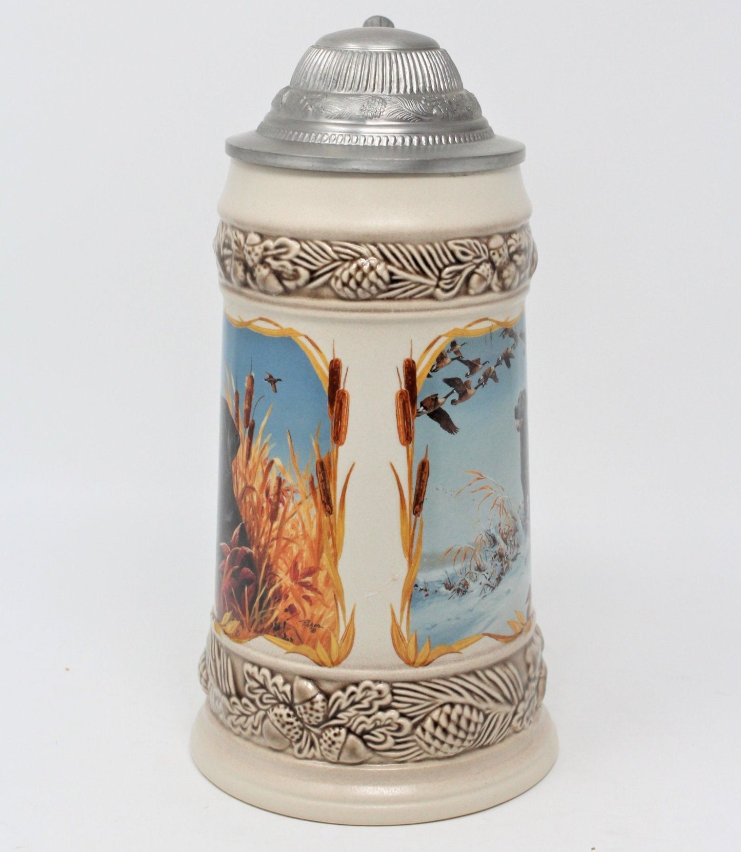 Beer Stein, German Ceramic Stein With Pewter Lid, Black Labrador, Vintage