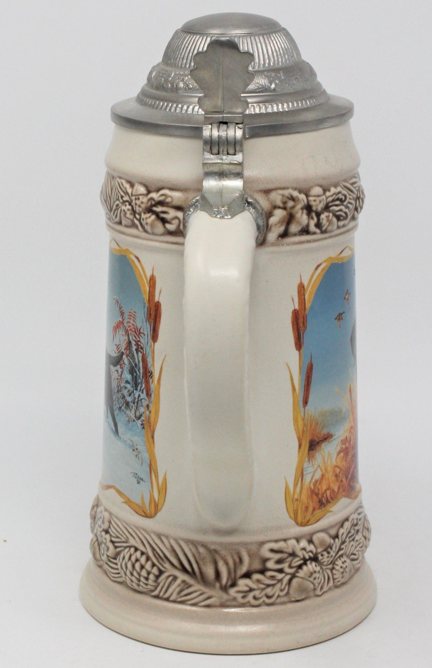 Beer Stein, German Ceramic Stein With Pewter Lid, Black Labrador, Vintage